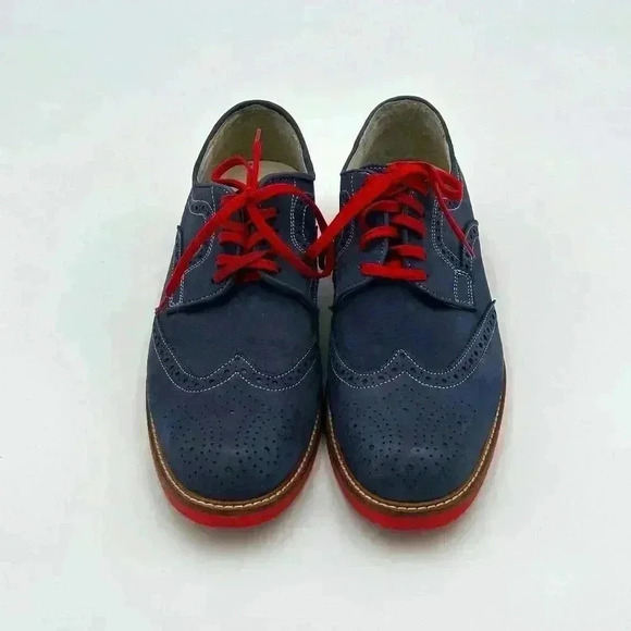 Custom Made Blue Suede Wingtip Men’s Shoes with Red Soles & Laces | Size 9 - Picture 1 of 10